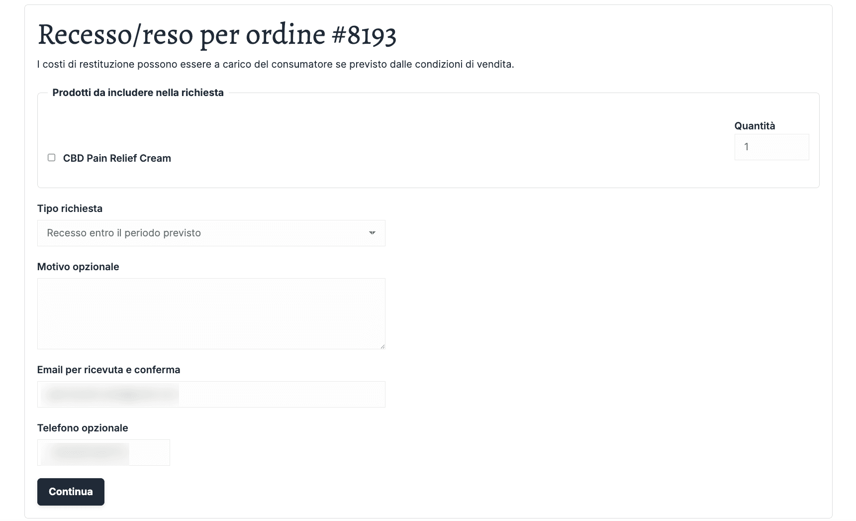 Modulo frontend di richiesta reso per WooCommerce