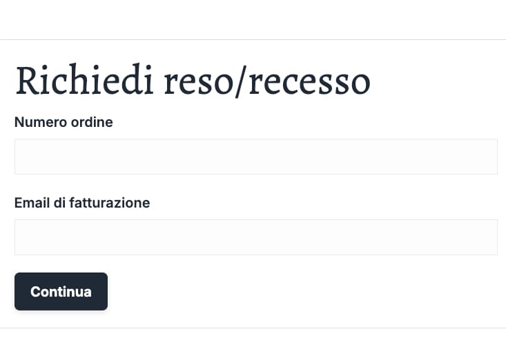 Modulo di richiesta reso/recesso pubblicato in una pagina tramite shortcode
